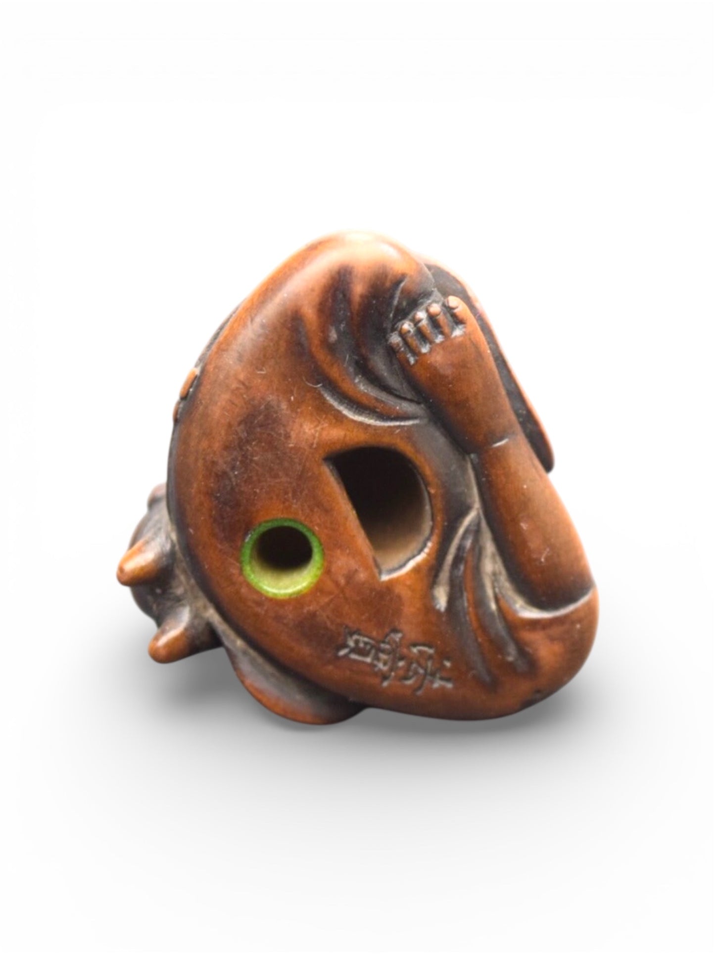 A Fine Japanese Wood Netsuke of a Boy with a Hannya Mask,Signed Hojitsu