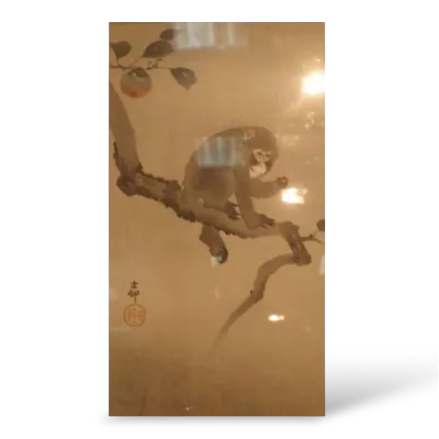 A Fine Japanese Woodblock Print-Monkey Reaching for a Persimmon, by Ohara Koson,Taishō period