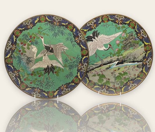 A Rare Pair of Japanese Cloisonné Chargers with White Cranes Meiji Period, Late 19th Century