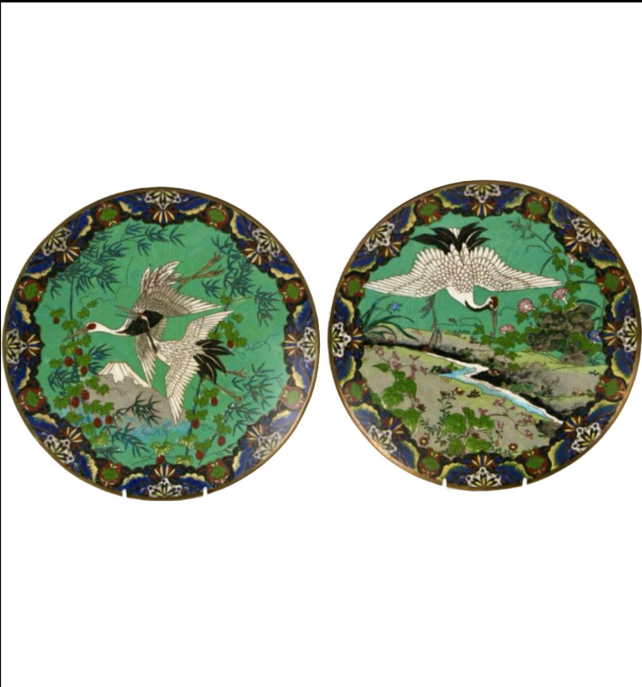 A Rare Pair of Japanese Cloisonné Chargers with White Cranes Meiji Period, Late 19th Century