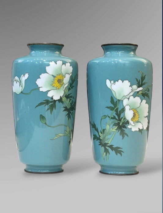A Fine Pair of Japanese Cloisonné Vases with White Peonies by Ando