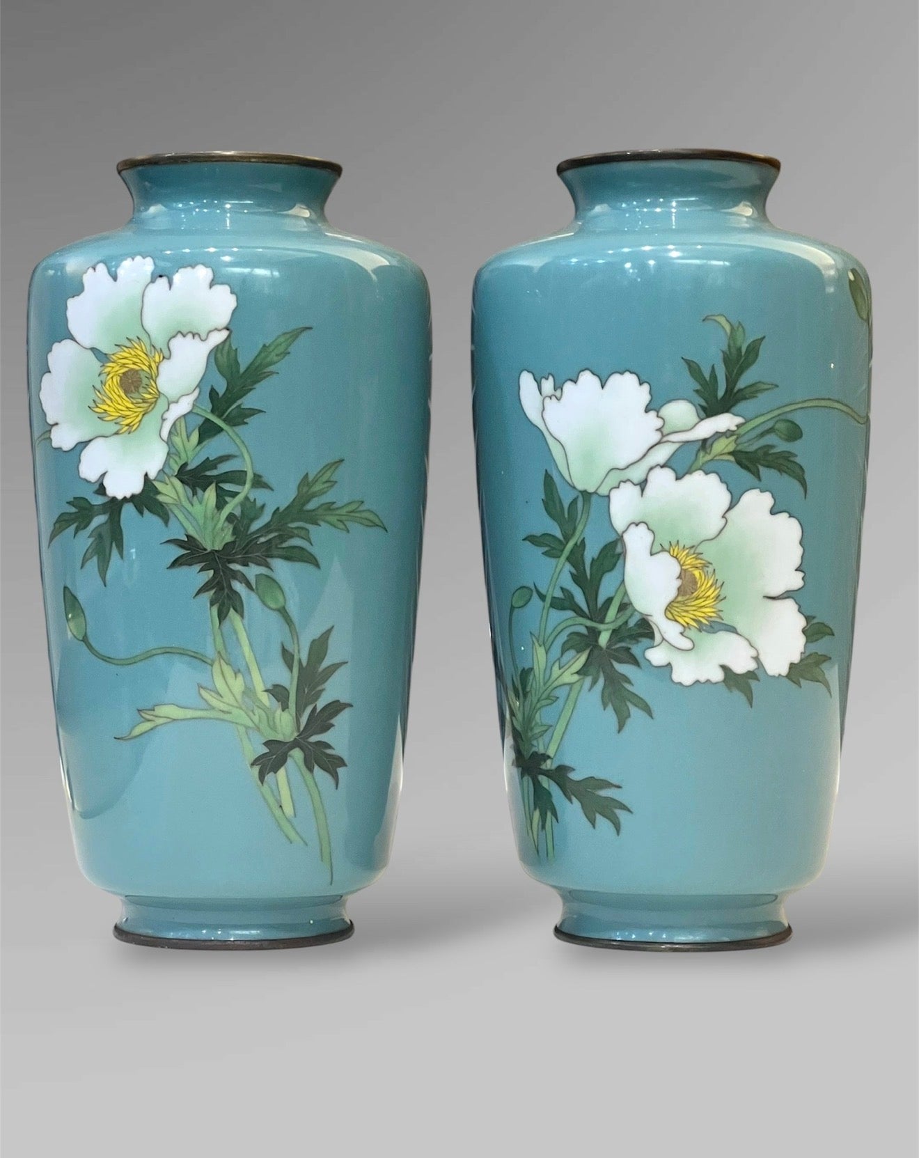 A Fine Pair of Japanese Cloisonné Vases with White Peonies by Ando