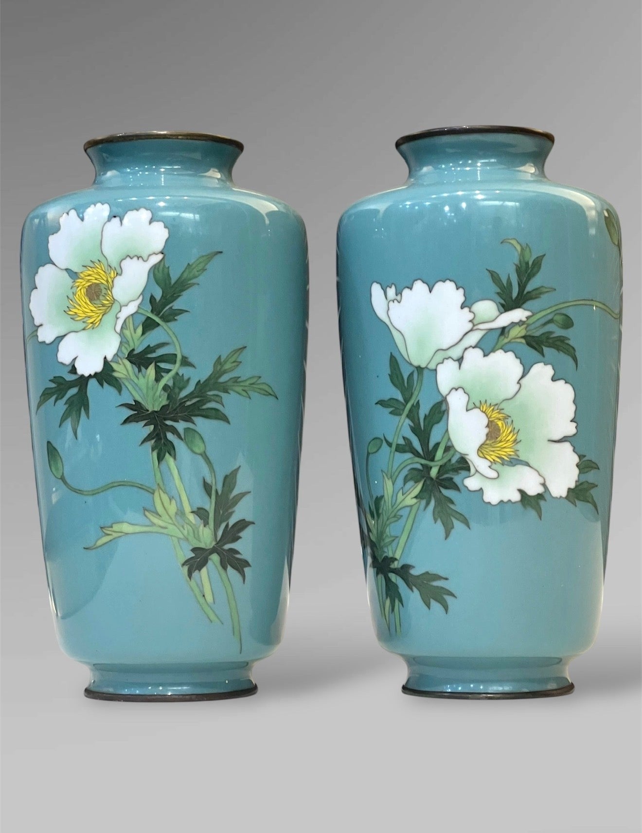 A Fine Pair of Japanese Cloisonné Vases with White Peonies by Ando