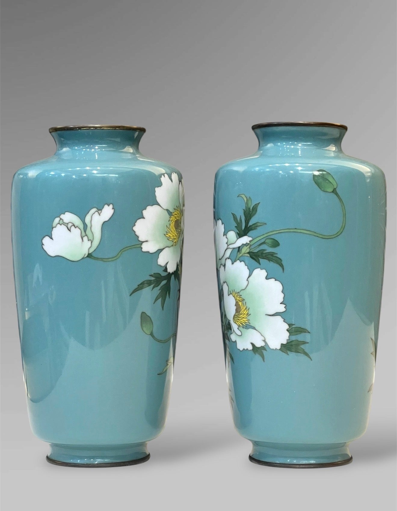 A Fine Pair of Japanese Cloisonné Vases with White Peonies by Ando