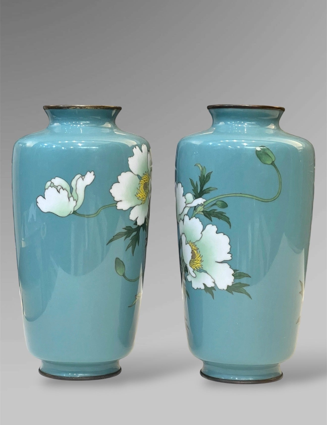 A Fine Pair of Japanese Cloisonné Vases with White Peonies by Ando