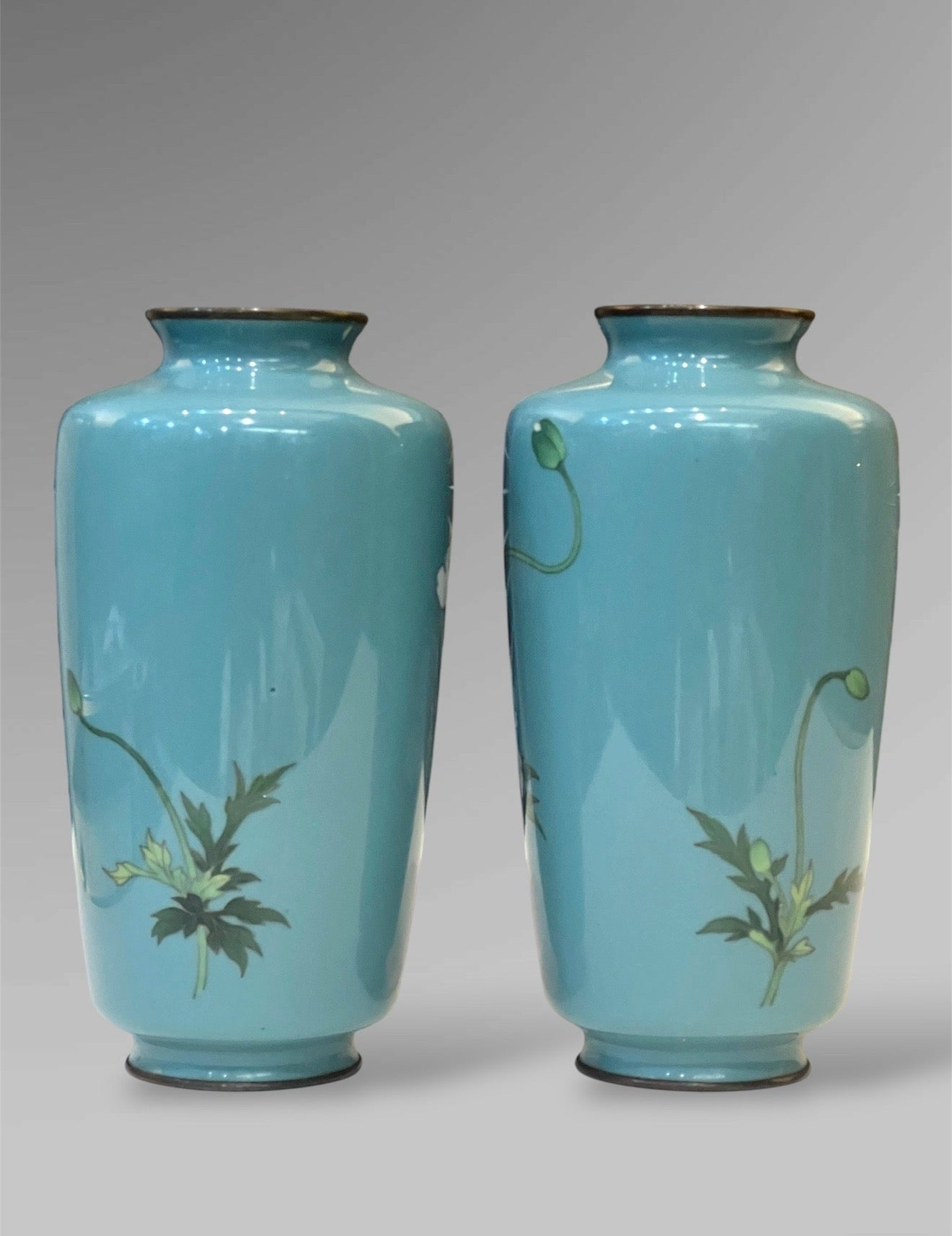 A Fine Pair of Japanese Cloisonné Vases with White Peonies by Ando