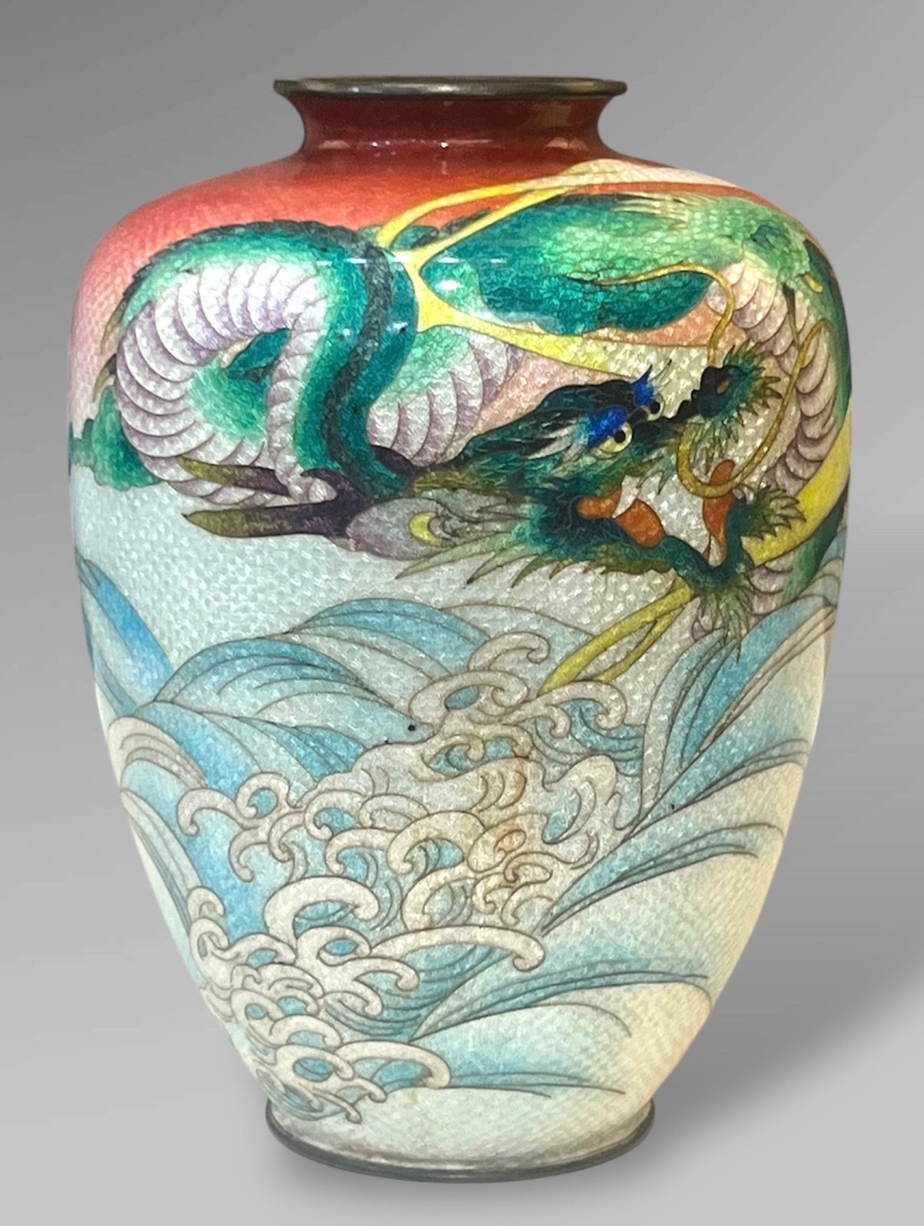 A Fine Japanese Cloisonné Enamel Vase with Dragon and Waves, Signed Kumeno Teitaro