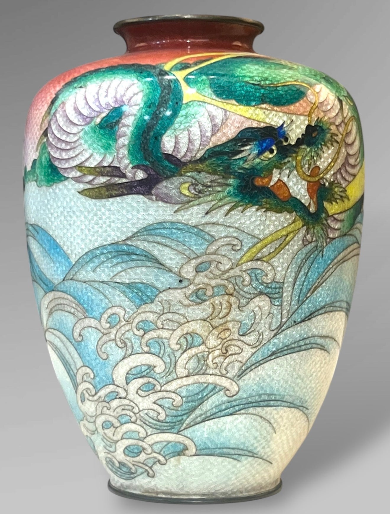 A Fine Japanese Cloisonné Enamel Vase with Dragon and Waves, Signed Kumeno Teitaro