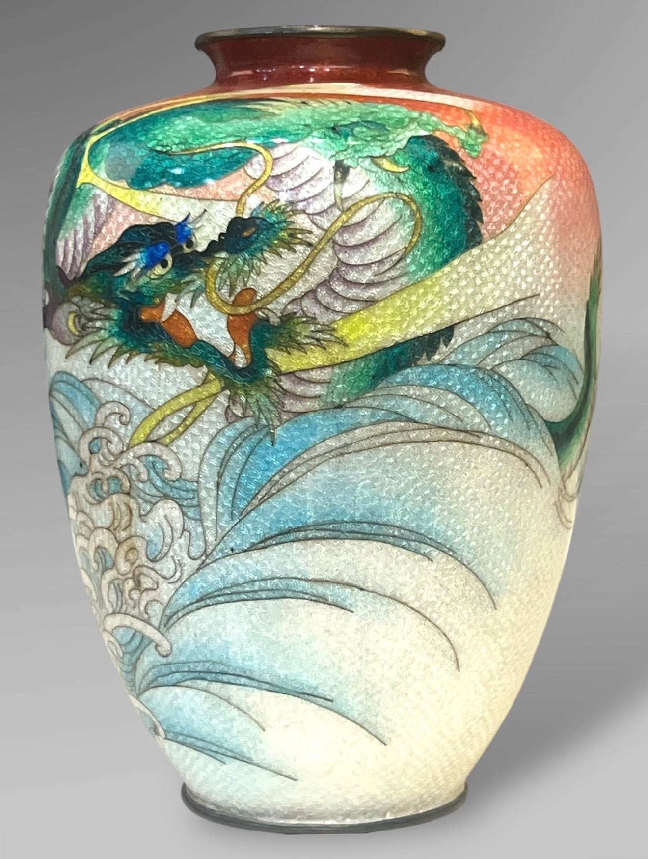 A Fine Japanese Cloisonné Enamel Vase with Dragon and Waves, Signed Kumeno Teitaro