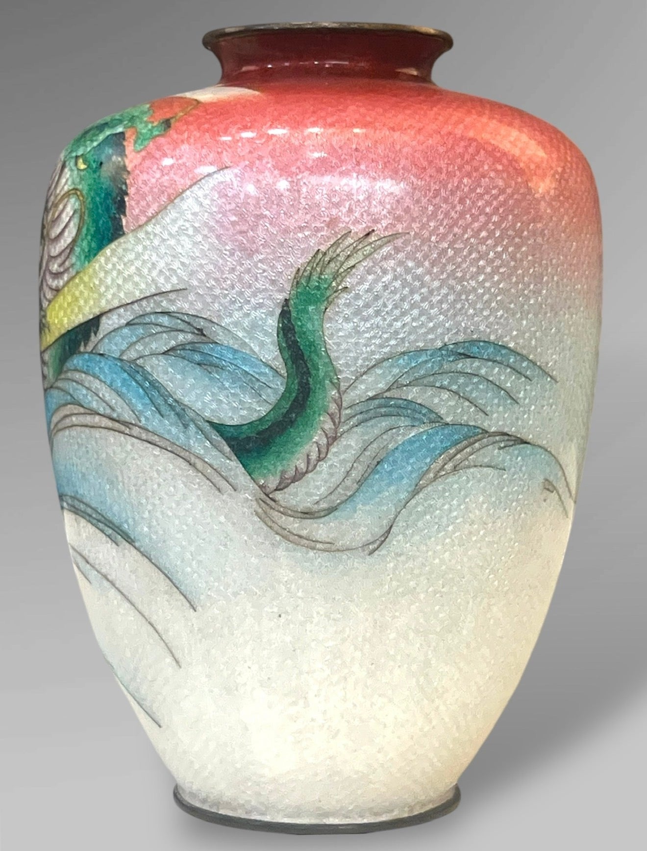 A Fine Japanese Cloisonné Enamel Vase with Dragon and Waves, Signed Kumeno Teitaro