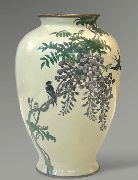 Antique Meiji Japanese Cloisonné Vase – Signed Goto – Wisteria & Swallows