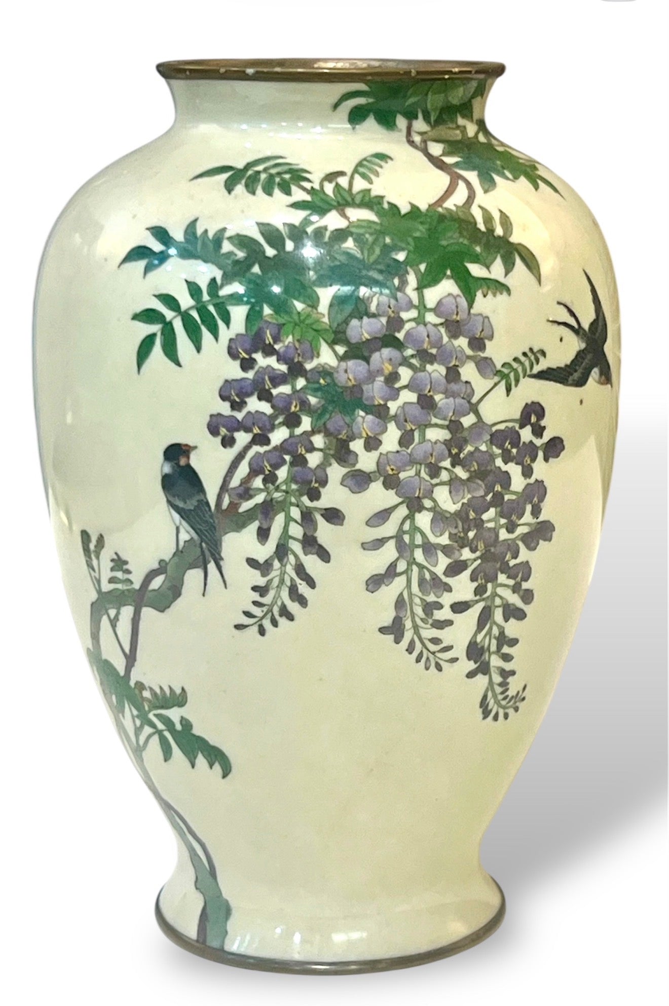 Antique Meiji Japanese Cloisonné Vase – Signed Goto – Wisteria & Swallows