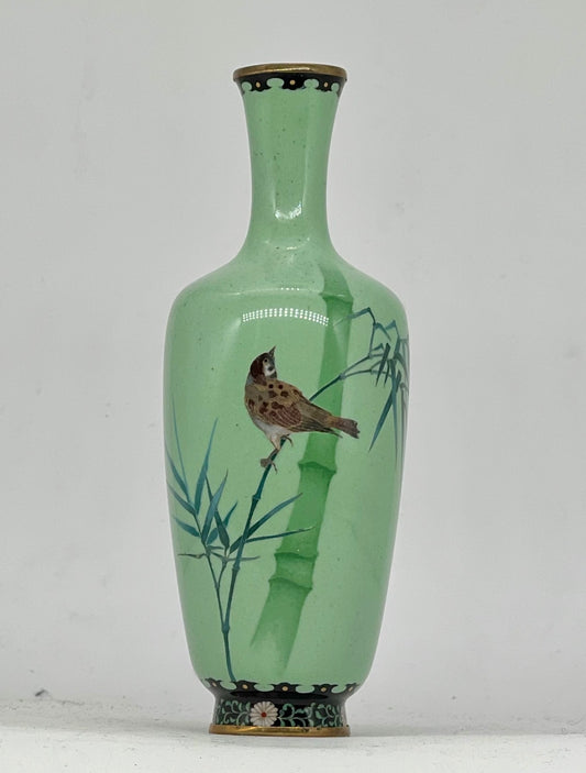 A Fine Japanese Cloisonné Vase with Bamboo and Sparrow, Attributed to Ando