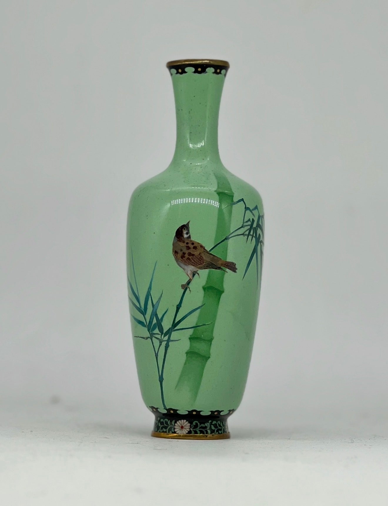 A Fine Japanese Cloisonné Vase with Bamboo and Sparrow, Attributed to Ando