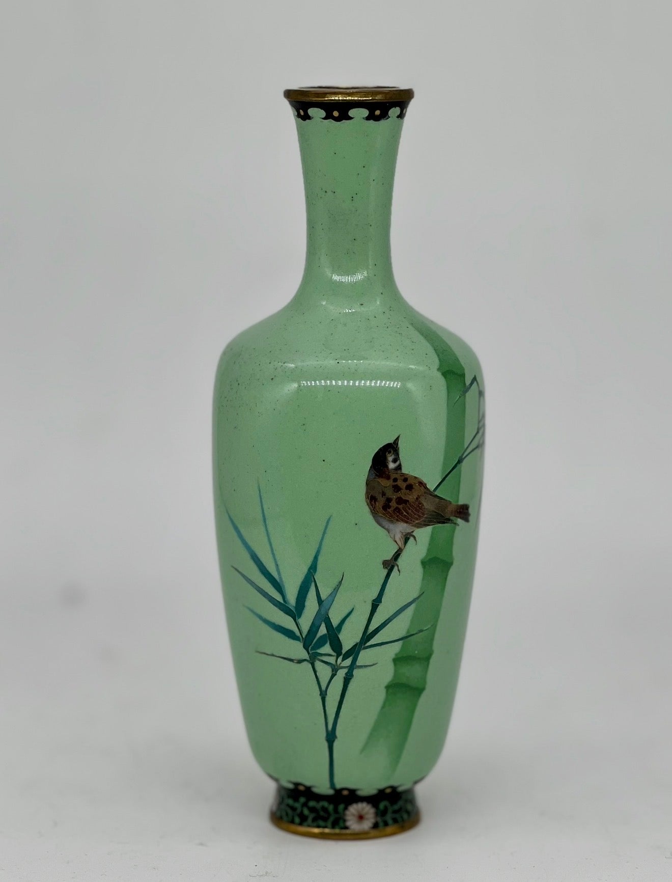 A Fine Japanese Cloisonné Vase with Bamboo and Sparrow, Attributed to Ando