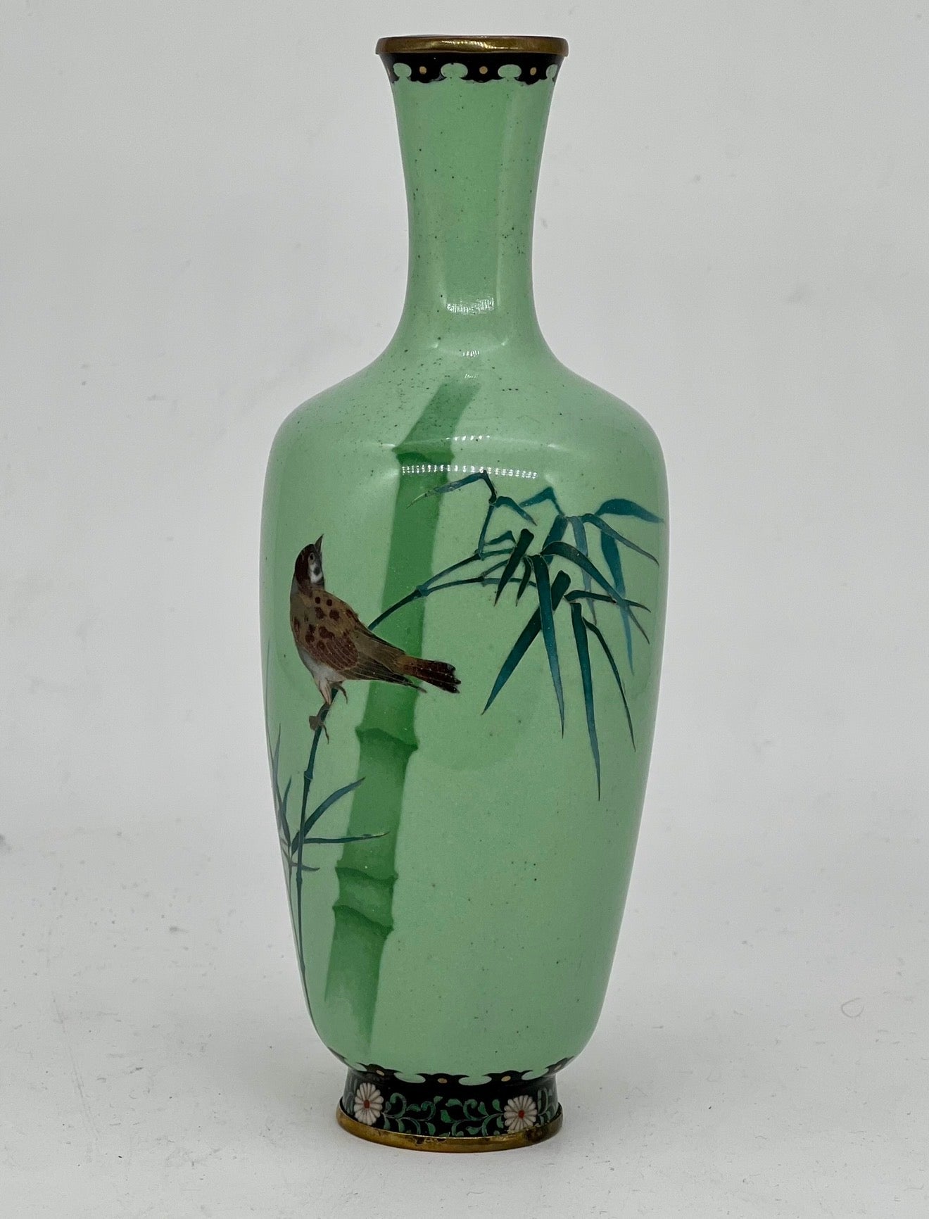 A Fine Japanese Cloisonné Vase with Bamboo and Sparrow, Attributed to Ando