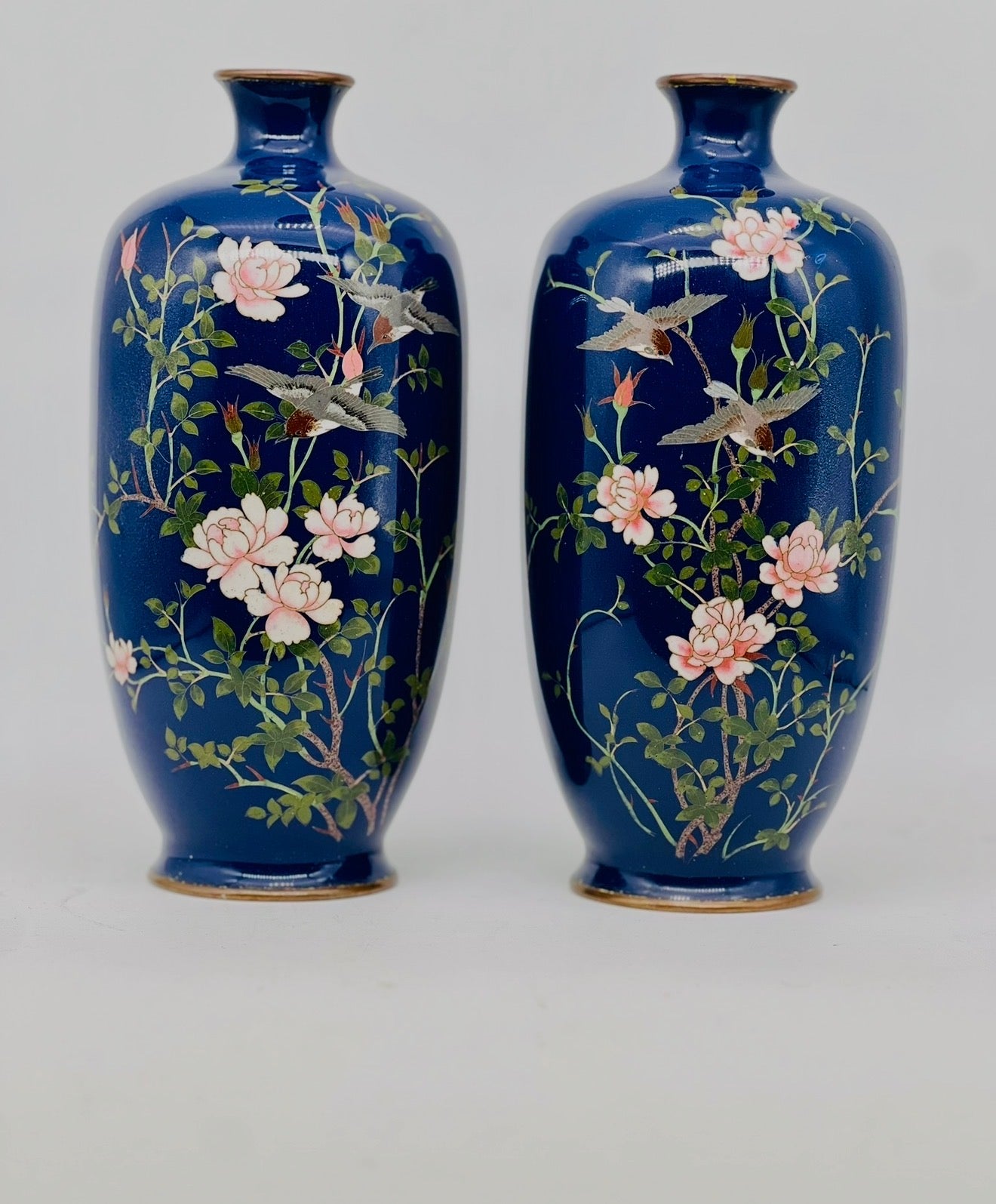 A Fine Pair of Japanese Silver-Wire Cloisonné Vases with Sparrows and Blossoms