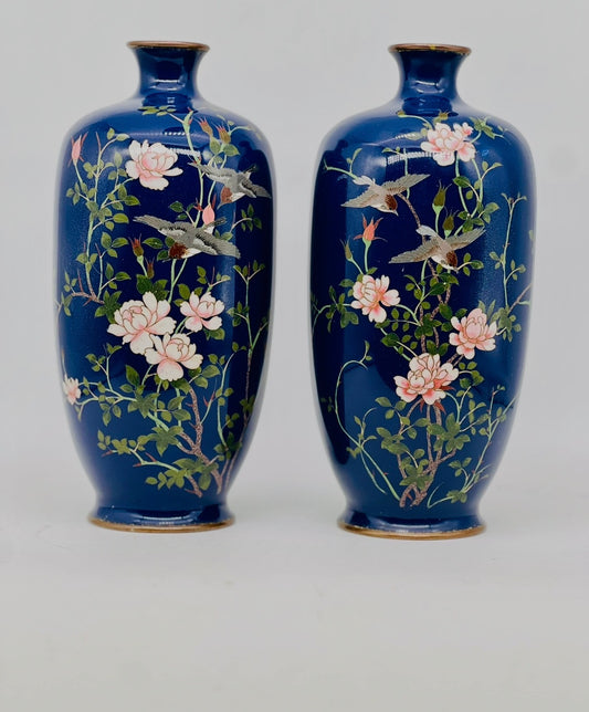 A Fine Pair of Japanese Silver-Wire Cloisonné Vases with Sparrows and Blossoms