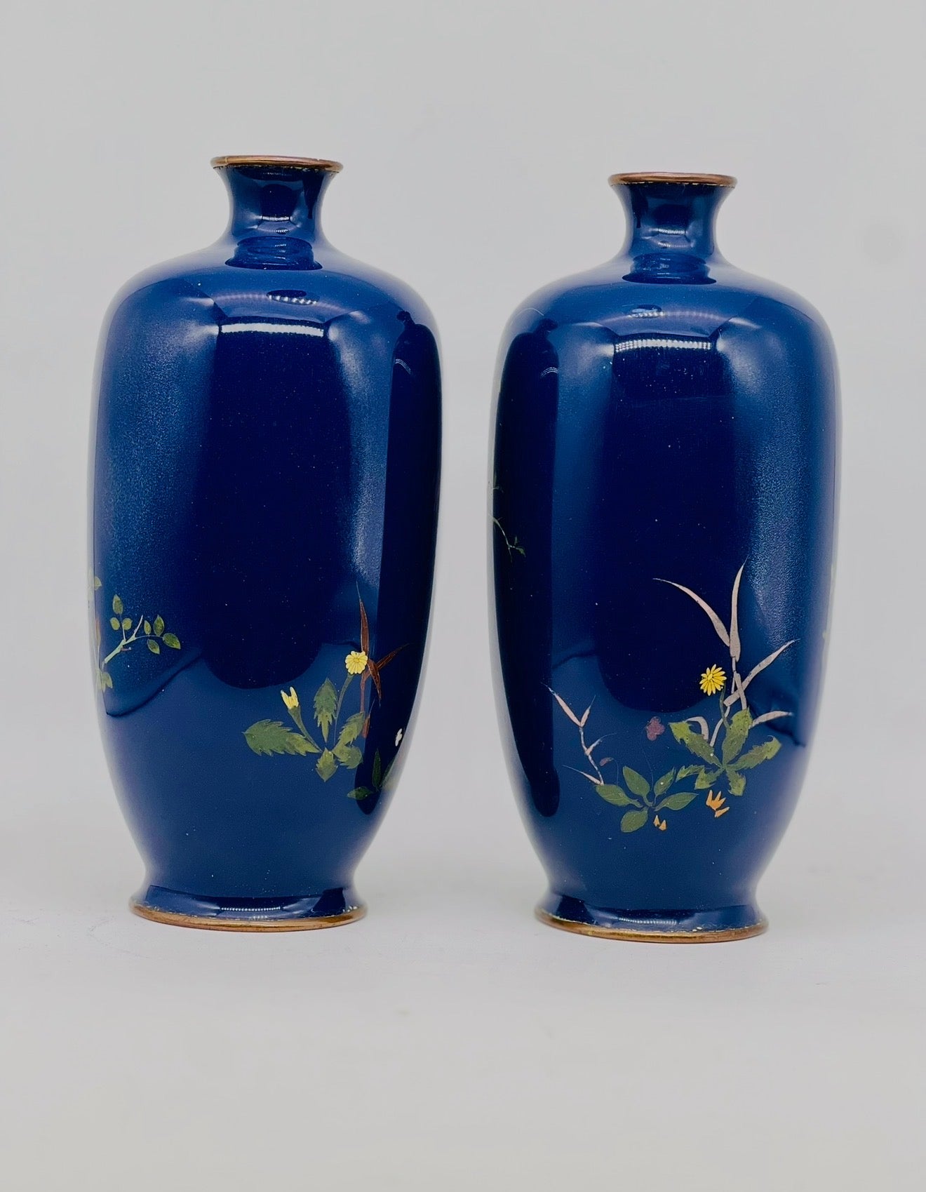 A Fine Pair of Japanese Silver-Wire Cloisonné Vases with Sparrows and Blossoms