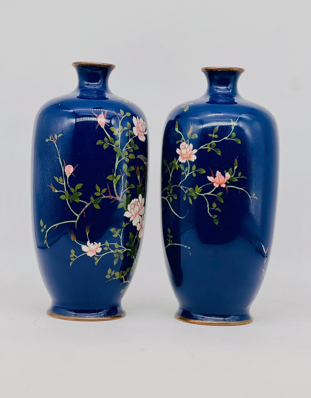 A Fine Pair of Japanese Silver-Wire Cloisonné Vases with Sparrows and Blossoms