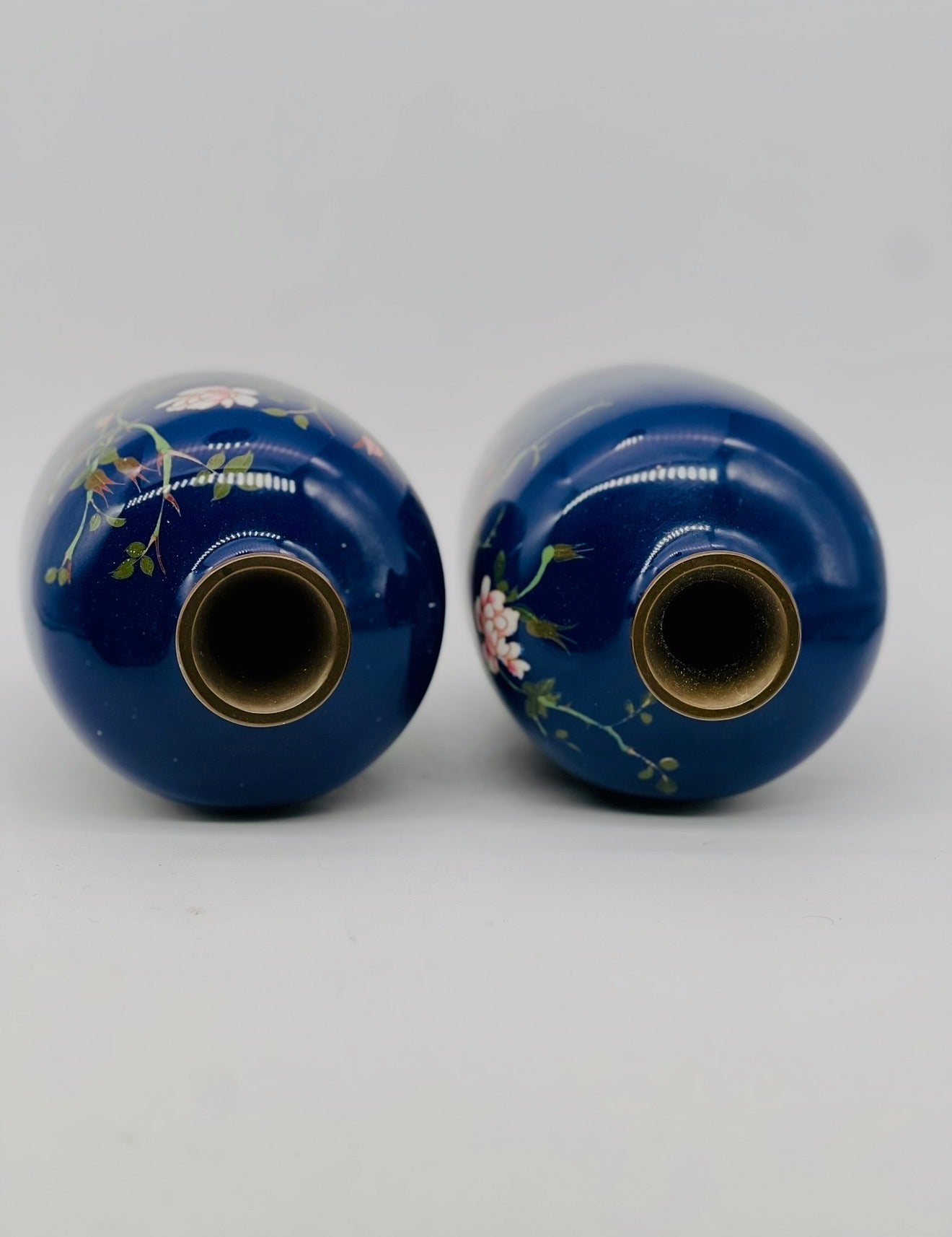 A Fine Pair of Japanese Silver-Wire Cloisonné Vases with Sparrows and Blossoms