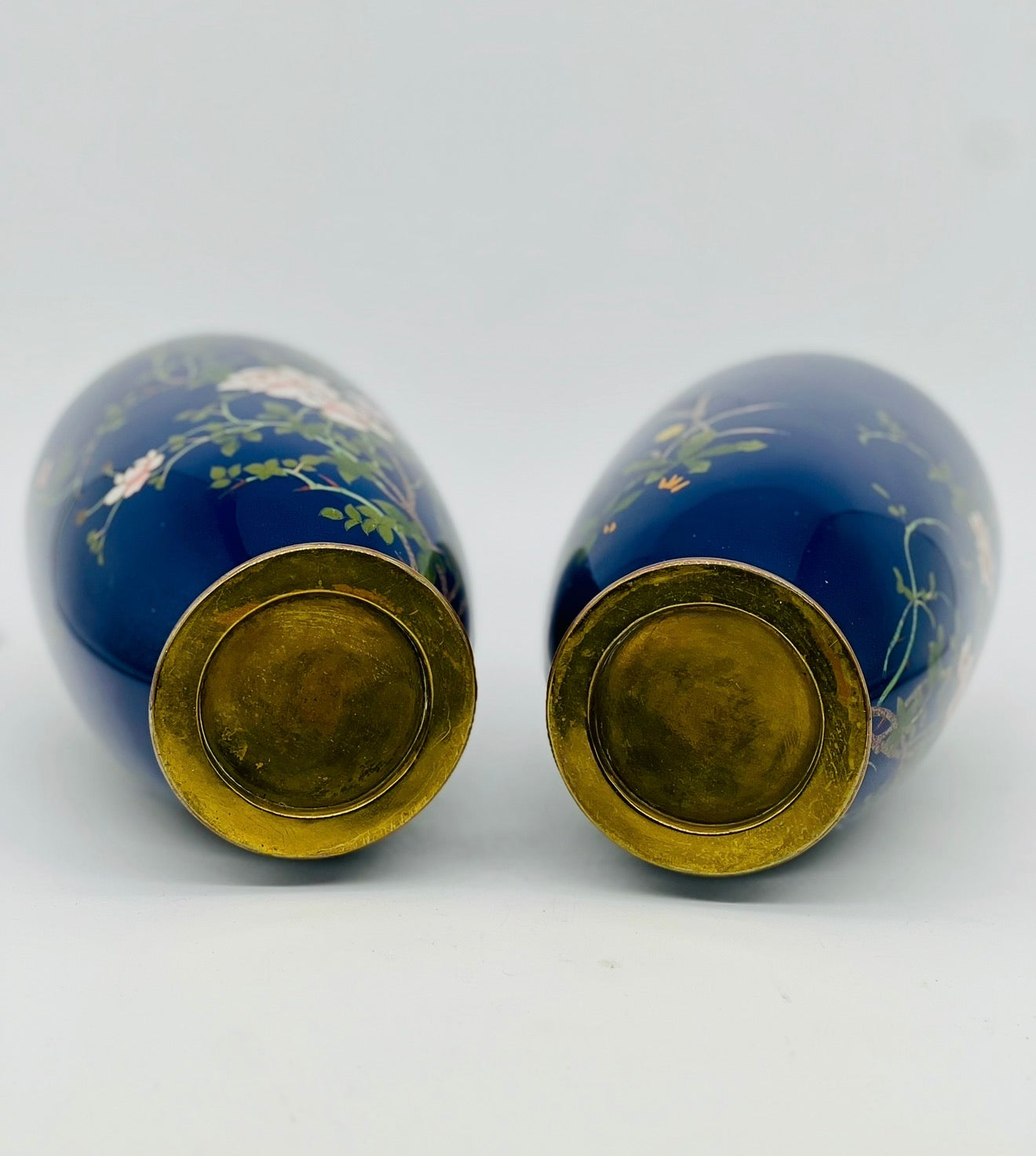 A Fine Pair of Japanese Silver-Wire Cloisonné Vases with Sparrows and Blossoms