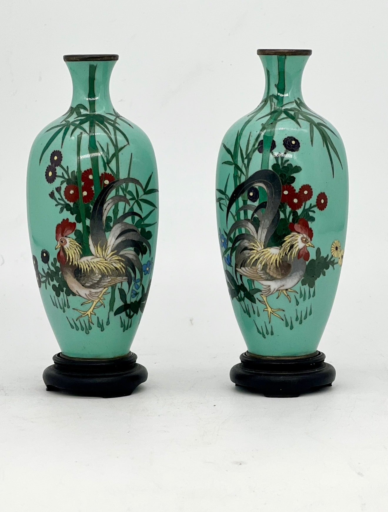 An Exceptional Pair of Japanese Cloisonné Enamel Vases with Roosters