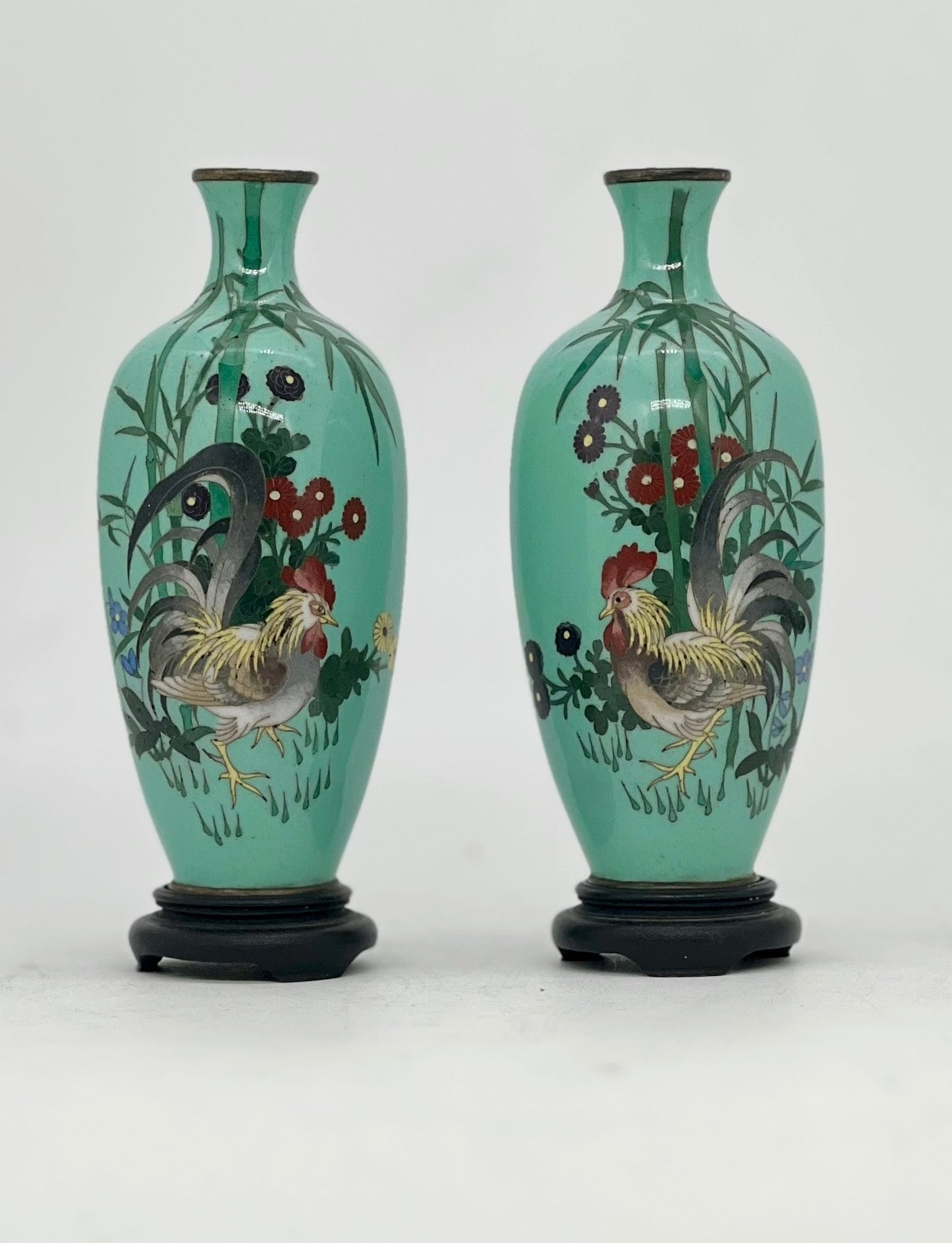 An Exceptional Pair of Japanese Cloisonné Enamel Vases with Roosters
