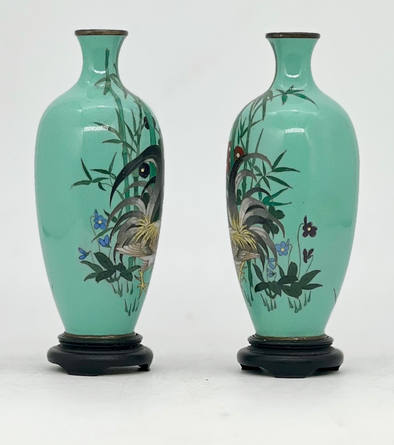 An Exceptional Pair of Japanese Cloisonné Enamel Vases with Roosters