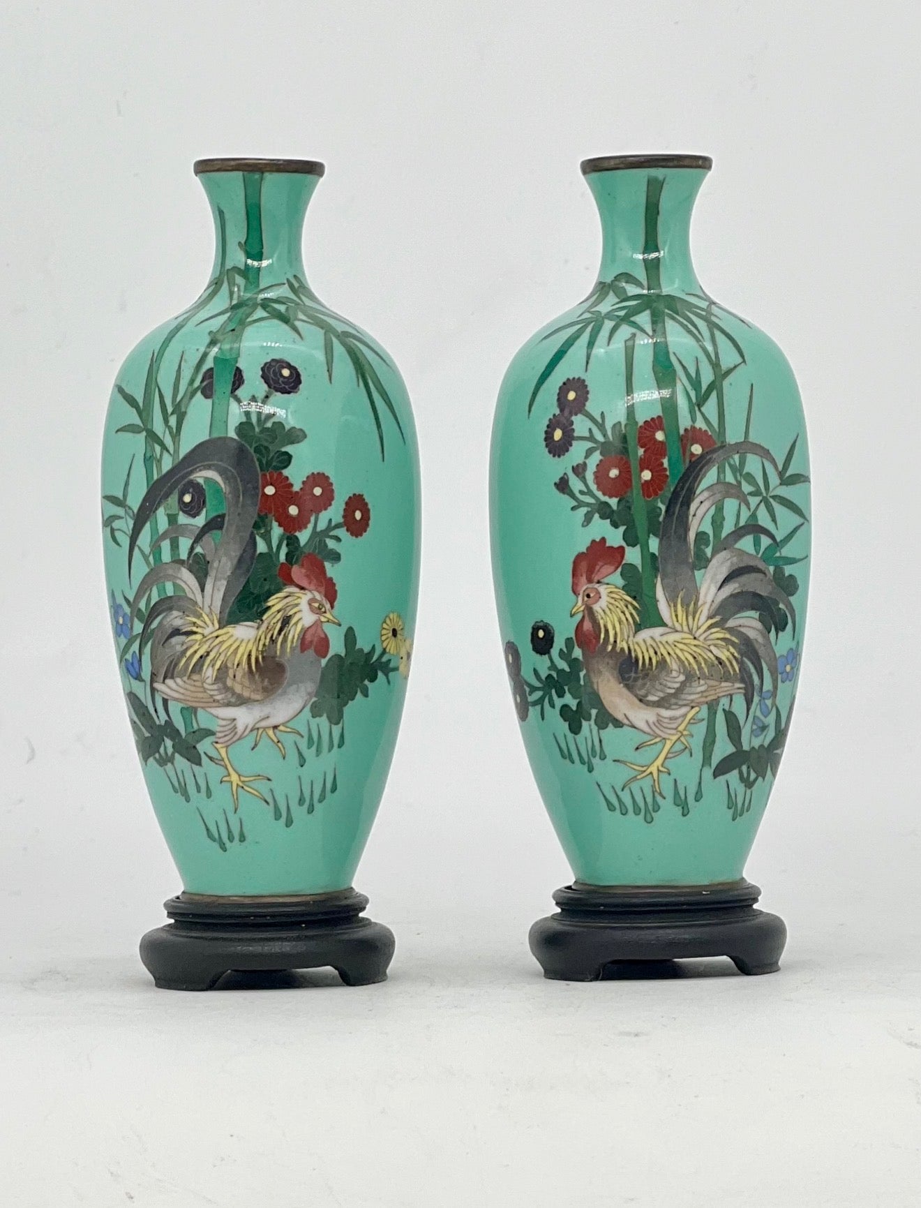 An Exceptional Pair of Japanese Cloisonné Enamel Vases with Roosters