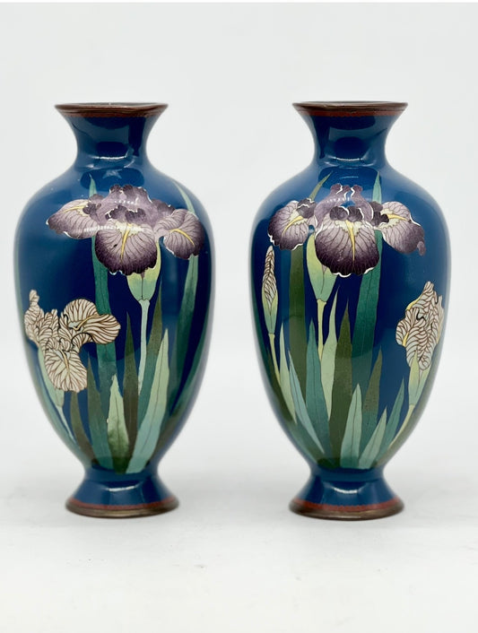 A Fine Pair of Japanese Cloisonné Enamel Vases with Irises Meiji period