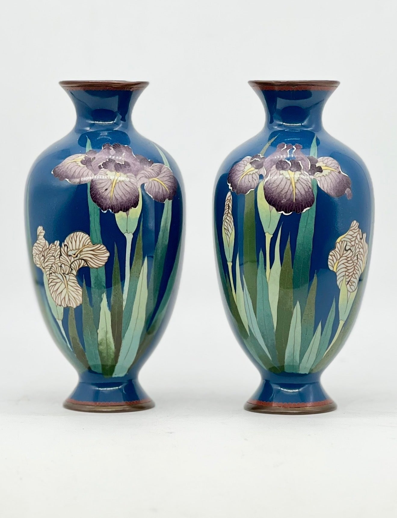 A Fine Pair of Japanese Cloisonné Enamel Vases with Irises Meiji period