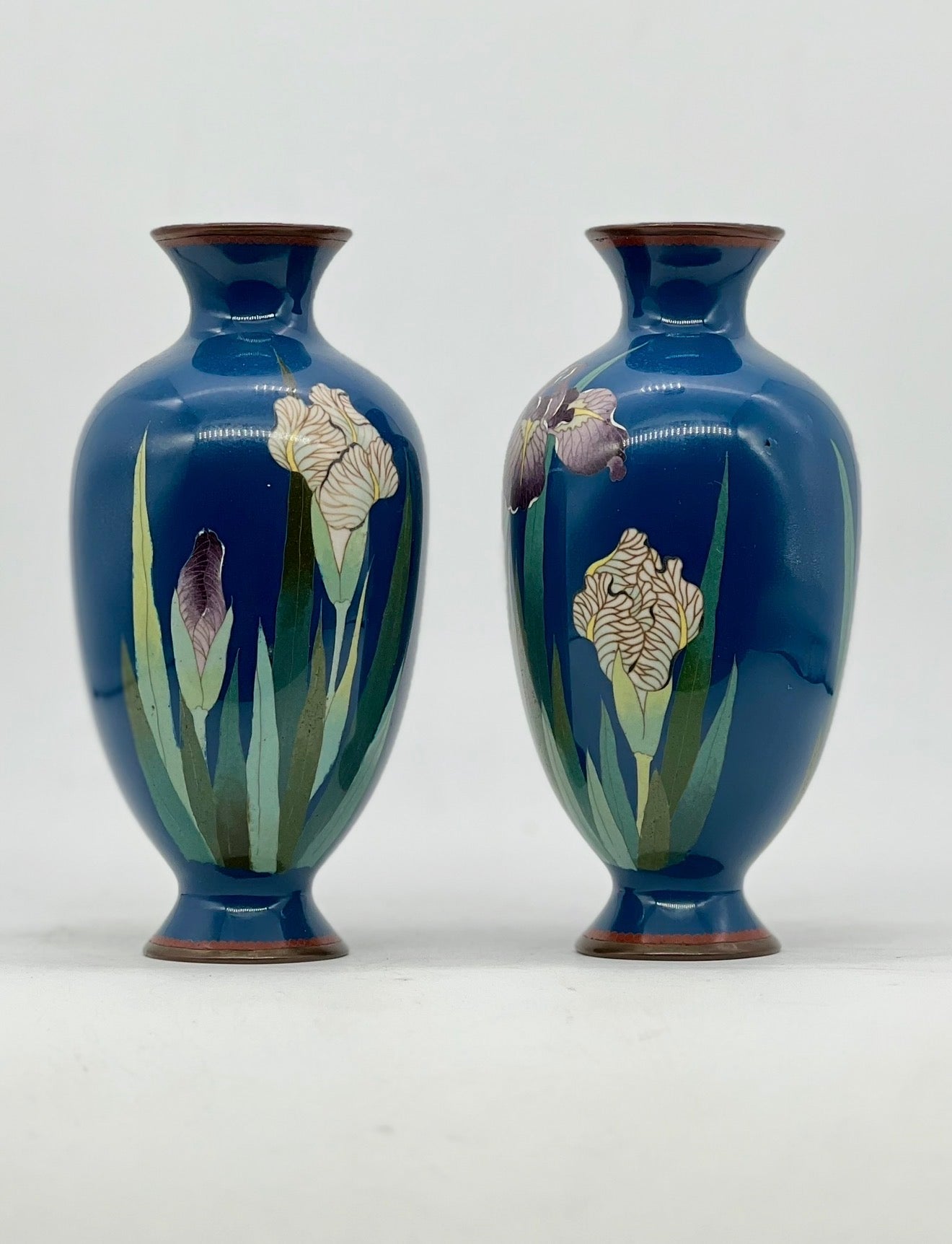 A Fine Pair of Japanese Cloisonné Enamel Vases with Irises Meiji period