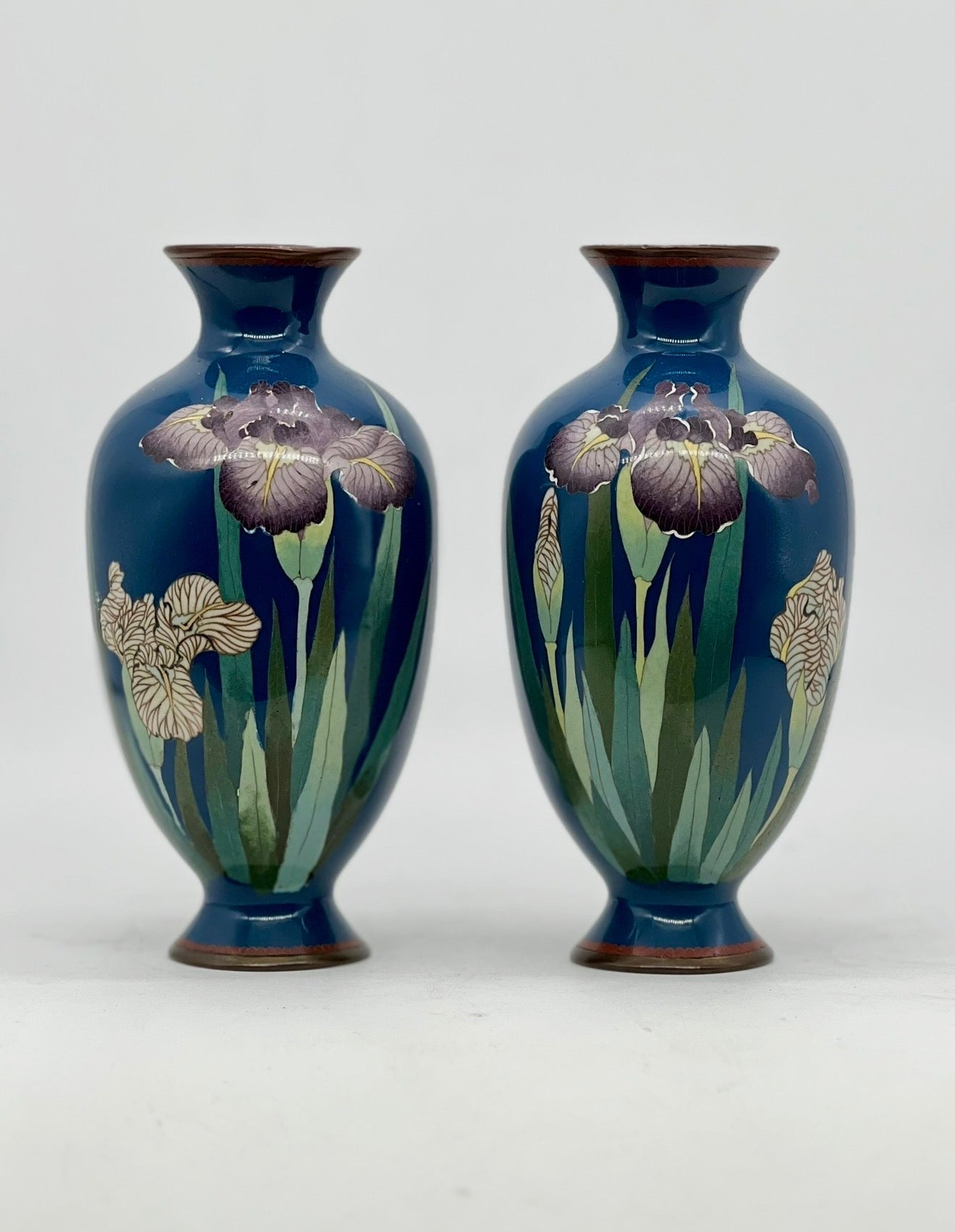 A Fine Pair of Japanese Cloisonné Enamel Vases with Irises Meiji period
